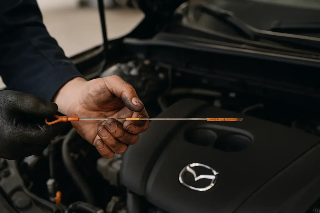 Mazda CX 5 engine oil dipstick inspection mechanics gloved hands checking level routine maintenance in service bay Mazda CX 5 engine oil dipstick inspection mechanics gloved hands checking level routine maintenance in service bay