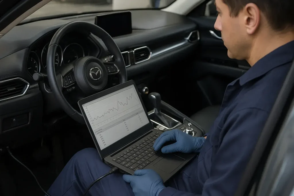 Mazda CX 5 interior with technician running laptop diagnostics leather wrapped steering wheel automatic shifter modern infotainment screen service inspection Mazda CX 5 interior with technician running laptop diagnostics leather wrapped steering wheel automatic shifter modern infotainment screen service inspection