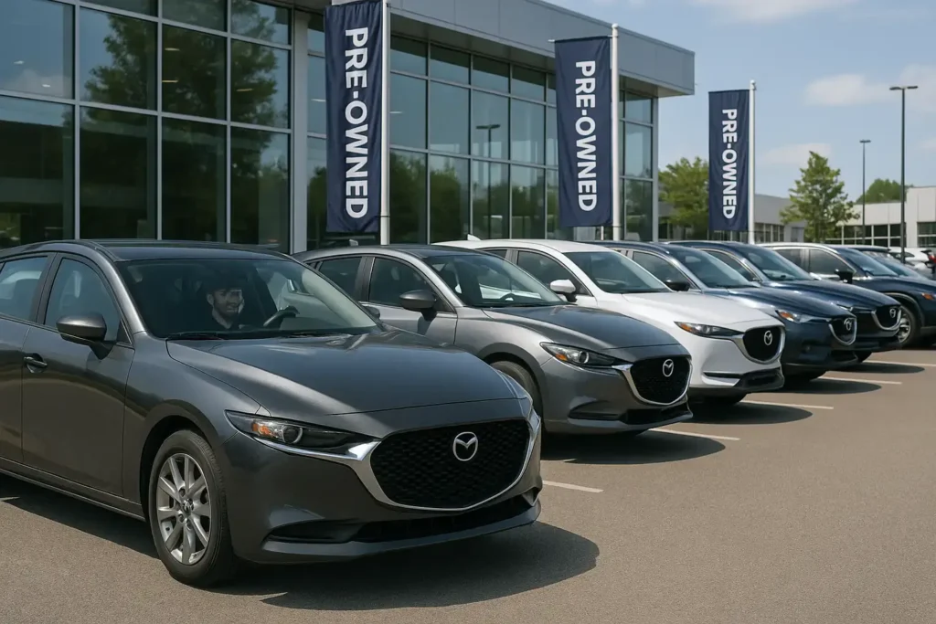 Mazda3 sedans lined up at pre owned dealership metallic gray lead car alloy wheels sporty grille certified used inventory Mazda3 sedans lined up at pre owned dealership metallic gray lead car alloy wheels sporty grille certified used inventory