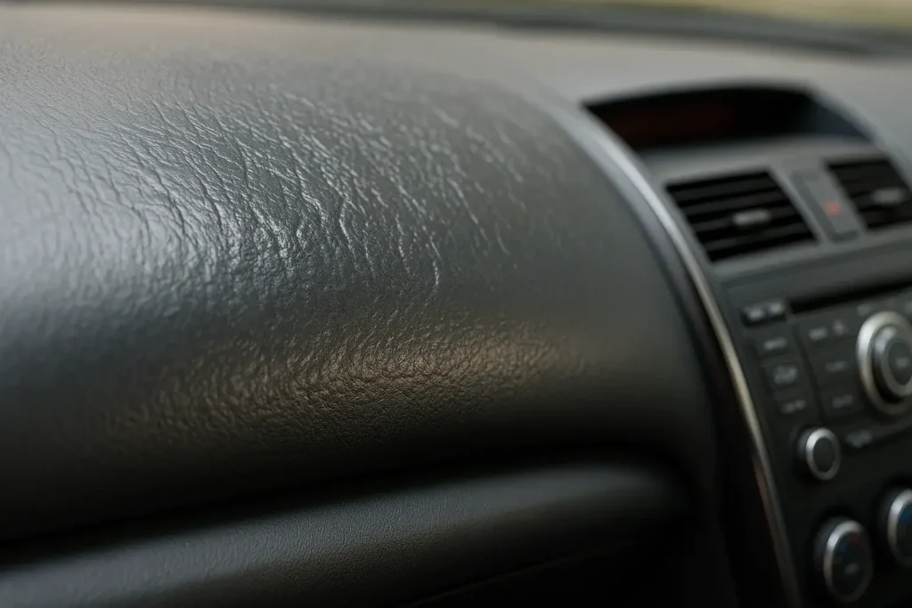 Mazda6 dashboard close up showing heat warping texture near center vents black interior materials highlighting potential melting issue Mazda6 dashboard close up showing heat warping texture near center vents black interior materials highlighting potential melting issue