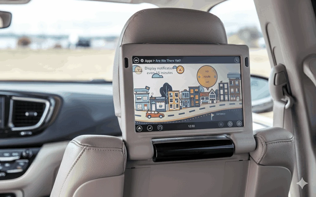 Rear entertainment screen inside 2017 Chrysler Pacifica showing kids app interface mounted on beige leather seatback for passengers Rear entertainment screen inside 2017 Chrysler Pacifica showing kids app interface mounted on beige leather seatback for passengers