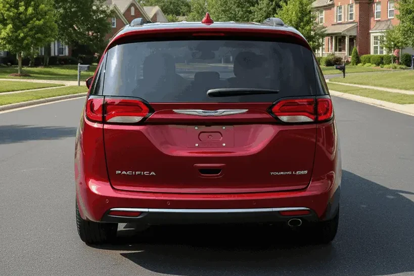 Rear view of 2017 Chrysler Pacifica Touring L Plus in red highlighting LED taillights chrome trim and spacious minivan design e1757837849121 Rear view of 2017 Chrysler Pacifica Touring L Plus in red highlighting LED taillights chrome trim and spacious minivan design e1757837849121