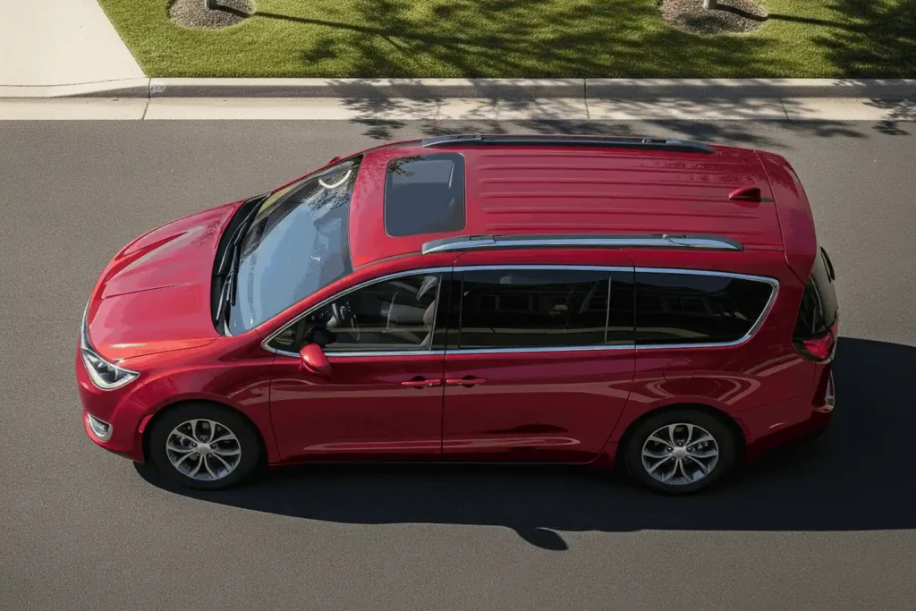 Top down photo of 2017 Chrysler Pacifica red minivan with panoramic sunroof and roof rails driving in residential area e1757837886468 Top down photo of 2017 Chrysler Pacifica red minivan with panoramic sunroof and roof rails driving in residential area e1757837886468