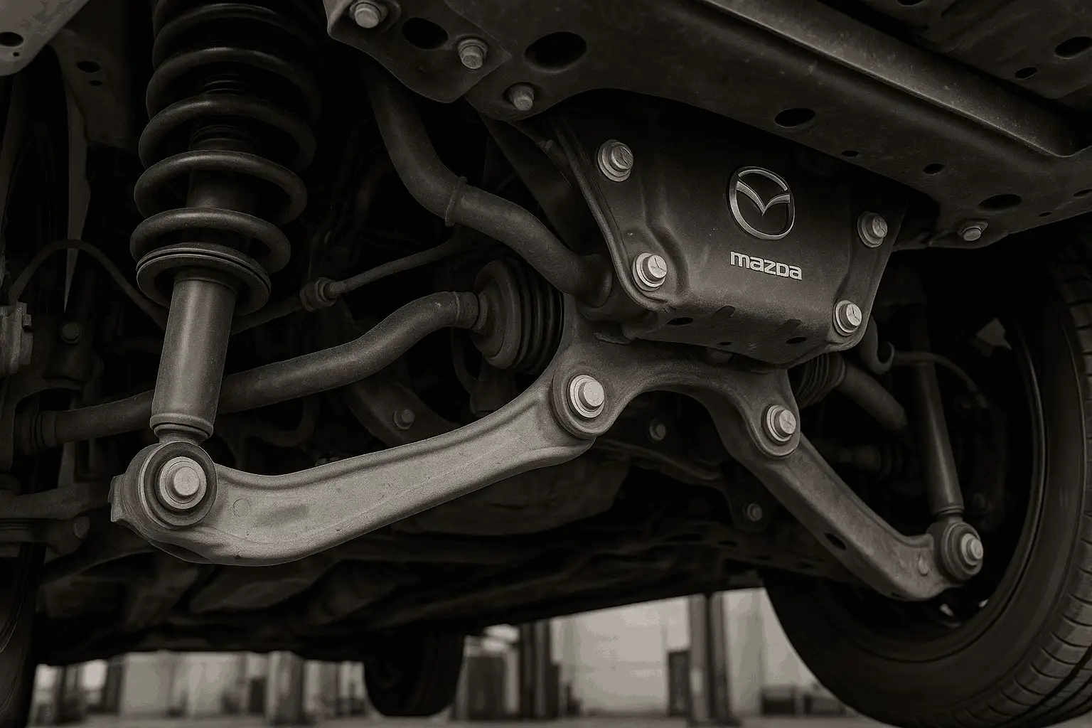 Underbody suspension view of Mazda showcasing control arms strut assembly and stabilizer bar in detailed automotive engineering photo Underbody suspension view of Mazda showcasing control arms strut assembly and stabilizer bar in detailed automotive engineering photo
