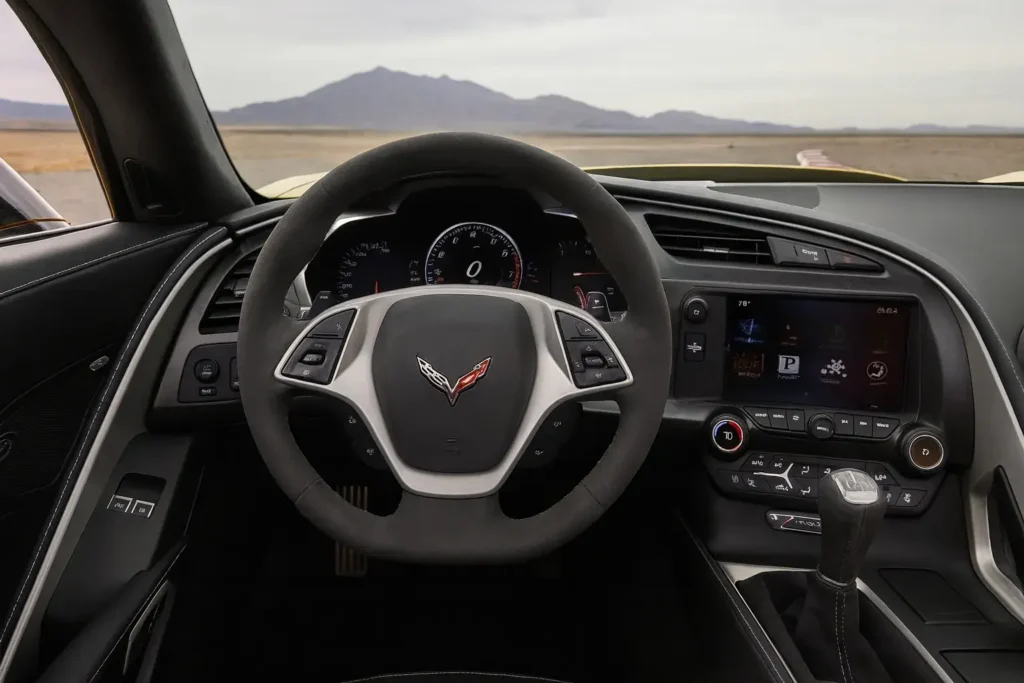2014 Corvette Stingray Z51 Convertible cockpit with suede steering wheel manual shifter touchscreen infotainment performance gauges track backdrop 2014 Corvette Stingray Z51 Convertible cockpit with suede steering wheel manual shifter touchscreen infotainment performance gauges track backdrop