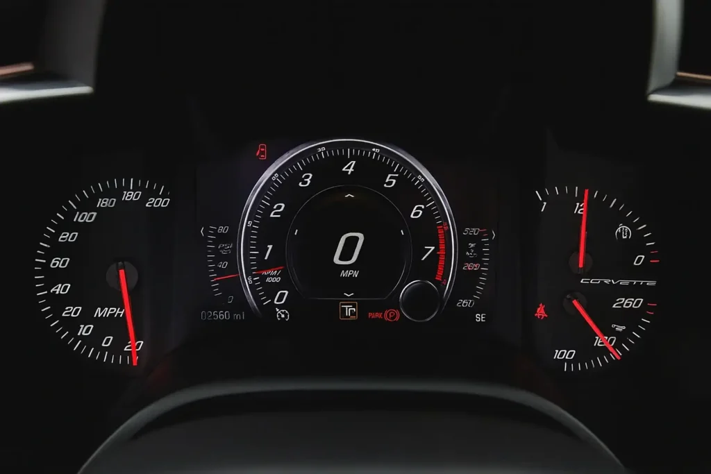2014 Corvette Stingray Z51 Convertible digital gauge cluster with central tachometer red needles performance telemetry driver focused instrumentation 2014 Corvette Stingray Z51 Convertible digital gauge cluster with central tachometer red needles performance telemetry driver focused instrumentation