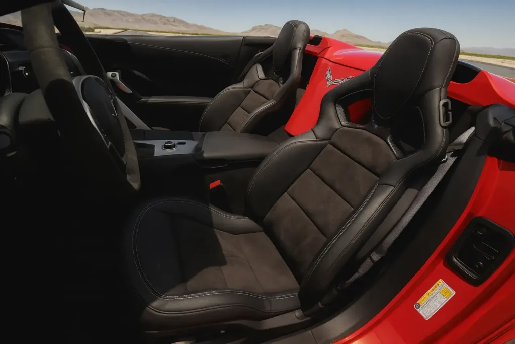 2014 Corvette Stingray Z51 Convertible interior showing leather Alcantara sport buckets bolstered cushions red bodywork premium performance roadster 2014 Corvette Stingray Z51 Convertible interior showing leather Alcantara sport buckets bolstered cushions red bodywork premium performance roadster