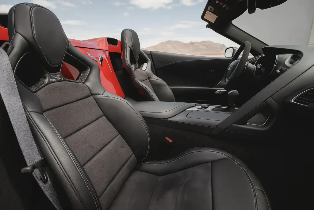 2014 Corvette Stingray Z51 Convertible passenger side view highlighting suede sport seats manual transmission console upscale materials mountains outside 2014 Corvette Stingray Z51 Convertible passenger side view highlighting suede sport seats manual transmission console upscale materials mountains outside