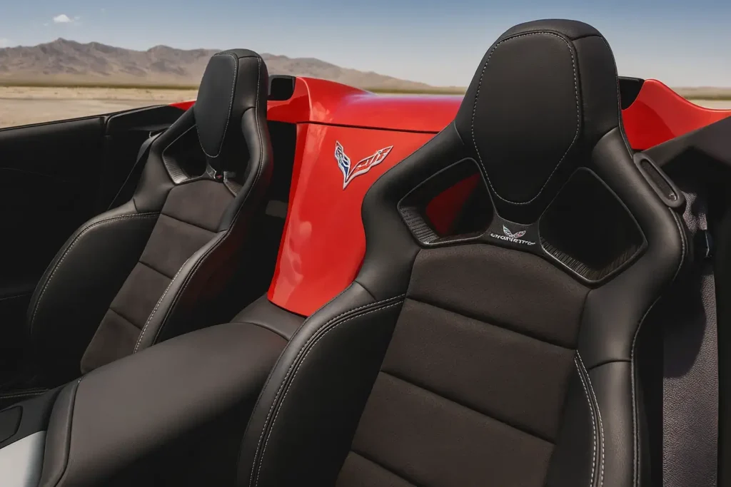 2014 Corvette Stingray Z51 Convertible rear seatbacks with Corvette emblem carbon style inserts premium stitching open top sports interior 2014 Corvette Stingray Z51 Convertible rear seatbacks with Corvette emblem carbon style inserts premium stitching open top sports interior