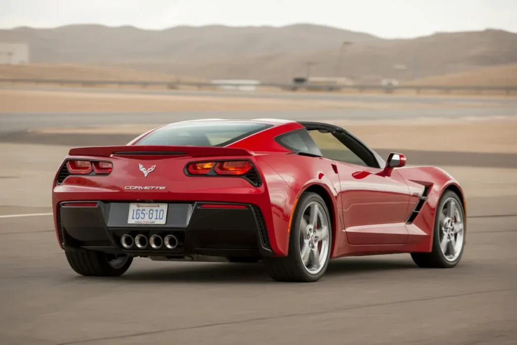 2014 Corvette Stingray Z51 Convertible rear three quarter view LED taillights quad center exhaust black diffuser silver alloys mountain backdrop 2014 Corvette Stingray Z51 Convertible rear three quarter view LED taillights quad center exhaust black diffuser silver alloys mountain backdrop