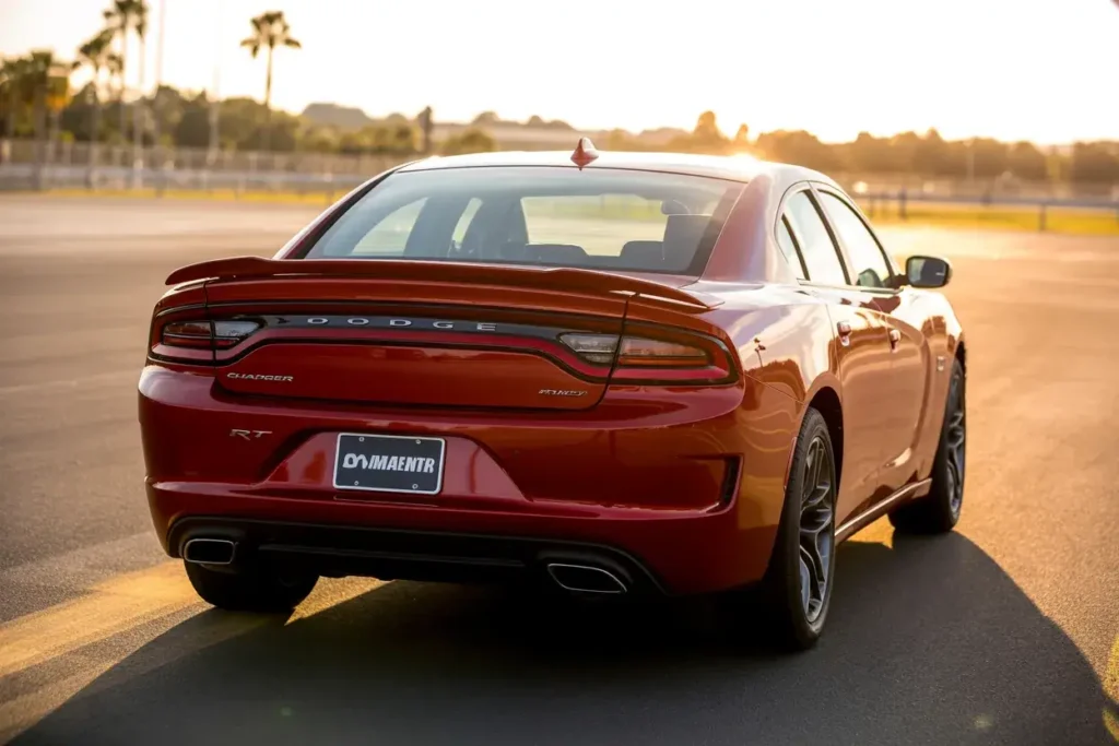 2016 Dodge Charger RT rear view in TorRed paint with LED taillights dual exhaust outlets and sporty sedan design captured at sunrise 2016 Dodge Charger RT rear view in TorRed paint with LED taillights dual exhaust outlets and sporty sedan design captured at sunrise