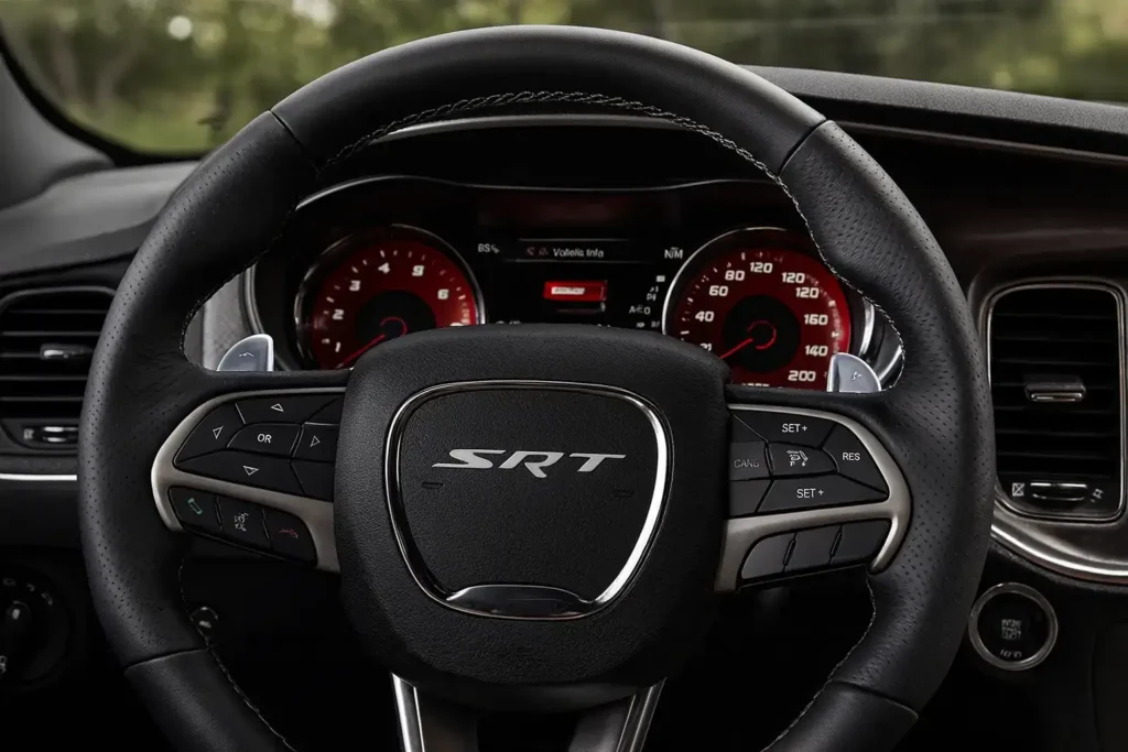 2016 Dodge Charger SRT black leather steering wheel with SRT logo and red lit performance gauges behind the wheel 2016 Dodge Charger SRT black leather steering wheel with SRT logo and red lit performance gauges behind the wheel