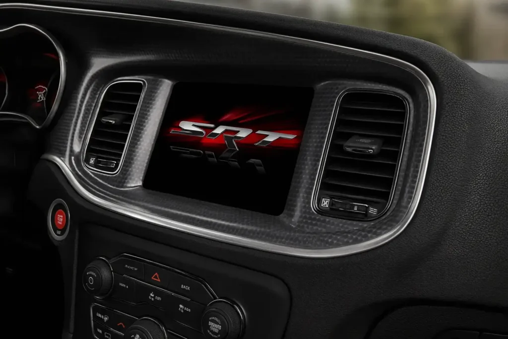 2016 Dodge Charger SRT performance sedan dashboard featuring carbon fiber trim and touchscreen displaying red SRT DNA startup screen 2016 Dodge Charger SRT performance sedan dashboard featuring carbon fiber trim and touchscreen displaying red SRT DNA startup screen