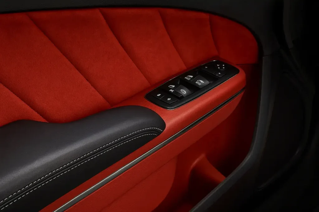 2016 Dodge Charger SRT red suede door panel with black leather armrest contrast stitching and power window controls 2016 Dodge Charger SRT red suede door panel with black leather armrest contrast stitching and power window controls