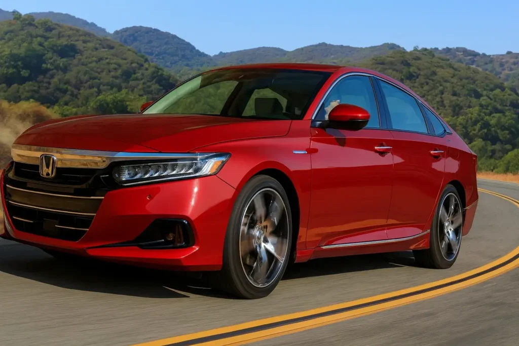 2025 Honda Accord front three quarter on sunlit mountain highway sedan in motion chrome grille and multi spoke alloy wheels 2025 Honda Accord front three quarter on sunlit mountain highway sedan in motion chrome grille and multi spoke alloy wheels