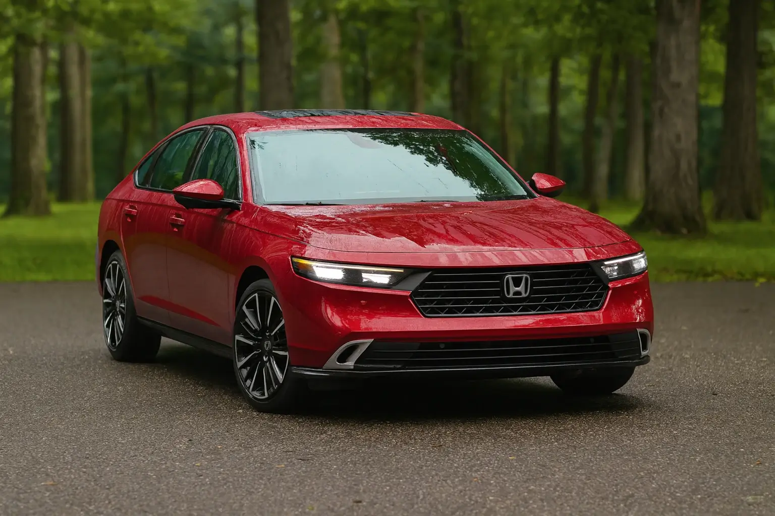 2025 honda accord front three quarter parked on wet forest road, radiant red paint, led daytime running lights and sporty grille.