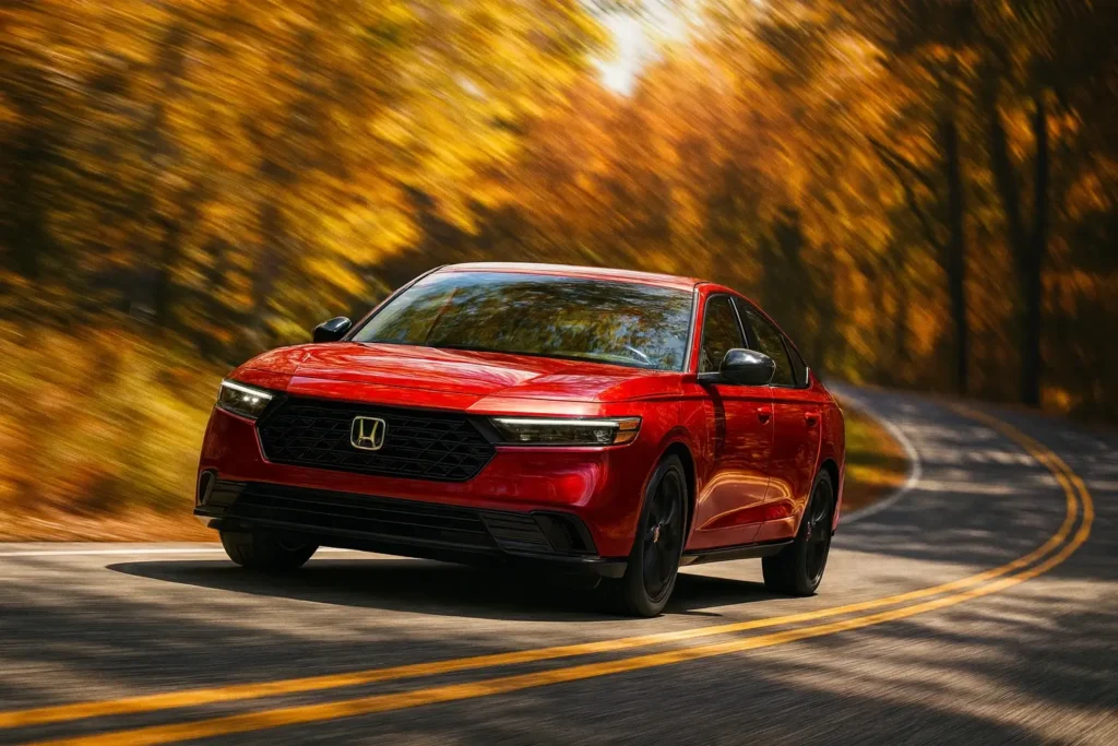 2025 Honda Accord front three quarter rolling shot on winding road autumn trees background black wheels and slim LED headlights 2025 Honda Accord front three quarter rolling shot on winding road autumn trees background black wheels and slim LED headlights