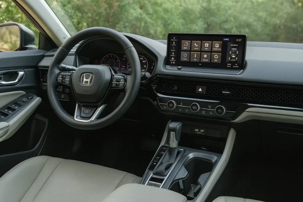 2025 Honda Accord interior wide angle driver perspective leather seats steering controls large touchscreen infotainment greenery outside mirror and windows 2025 Honda Accord interior wide angle driver perspective leather seats steering controls large touchscreen infotainment greenery outside mirror and windows