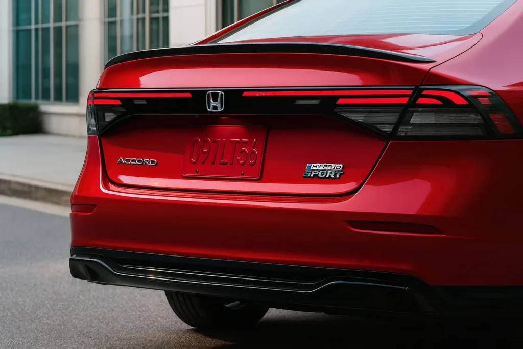 2025 Honda Accord rear close up showing LED taillight bar decklid spoiler and Hybrid Sport badges on urban street 2025 Honda Accord rear close up showing LED taillight bar decklid spoiler and Hybrid Sport badges on urban street