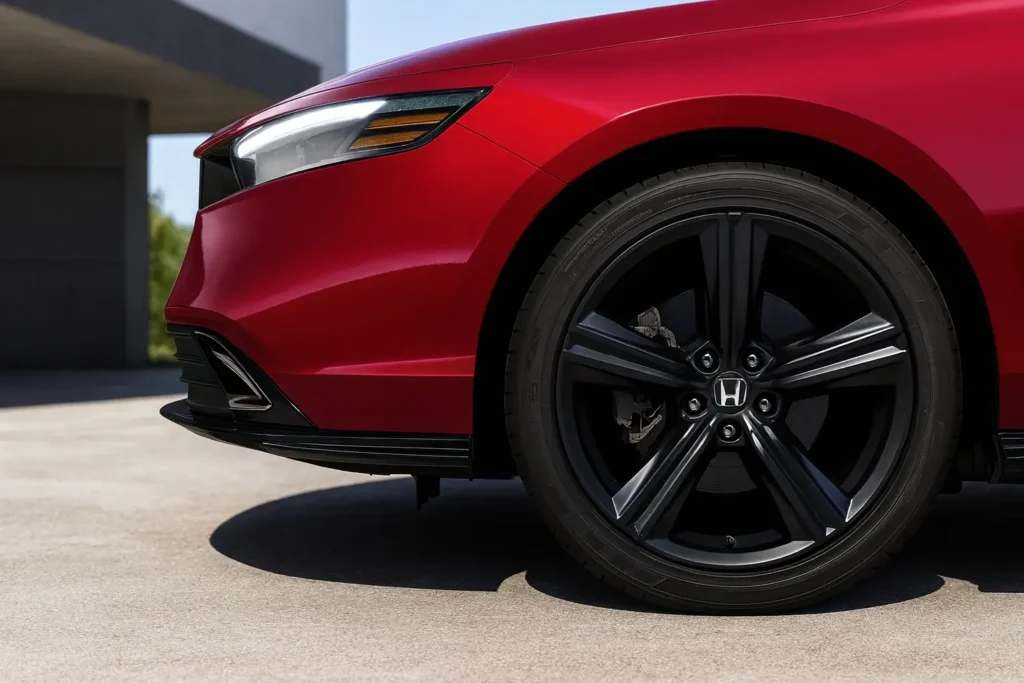 2025 Honda Accord side detail close up front wheel and fender black alloy wheels daylight driveway scene sharp LED DRL 2025 Honda Accord side detail close up front wheel and fender black alloy wheels daylight driveway scene sharp LED DRL
