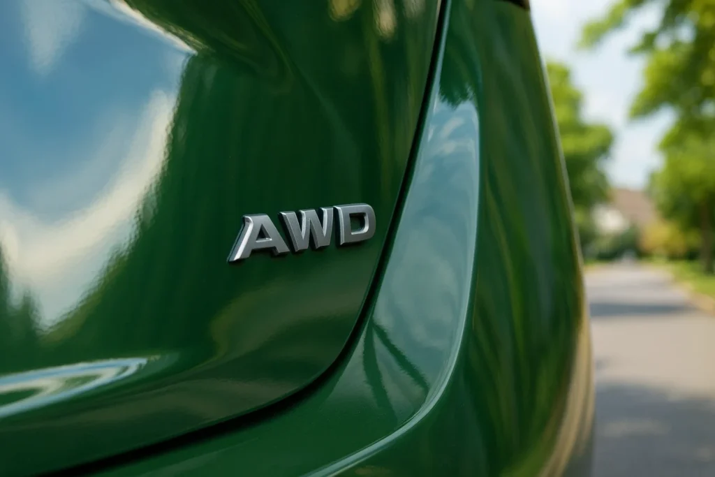 2025 Nissan Altima SR AWD rear close up in suburban neighborhood chrome AWD badge on glossy green trunk panel 2025 Nissan Altima SR AWD rear close up in suburban neighborhood chrome AWD badge on glossy green trunk panel