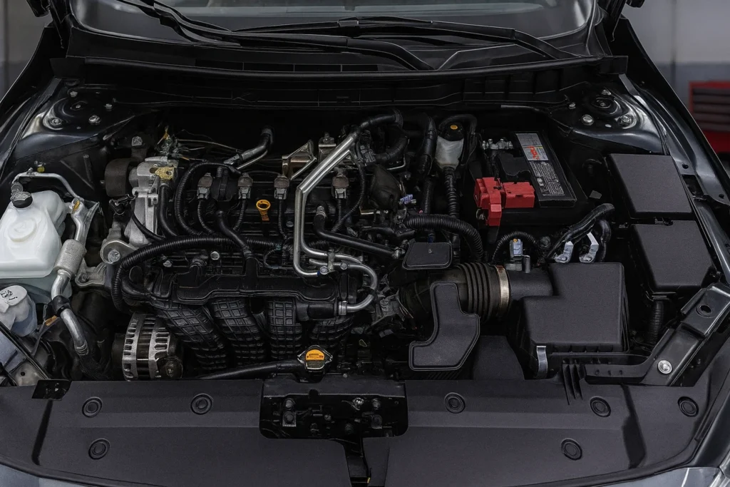 2025 Nissan Altima SR engine bay top view in workshop four cylinder layout with intake battery hoses and factory components 2025 Nissan Altima SR engine bay top view in workshop four cylinder layout with intake battery hoses and factory components
