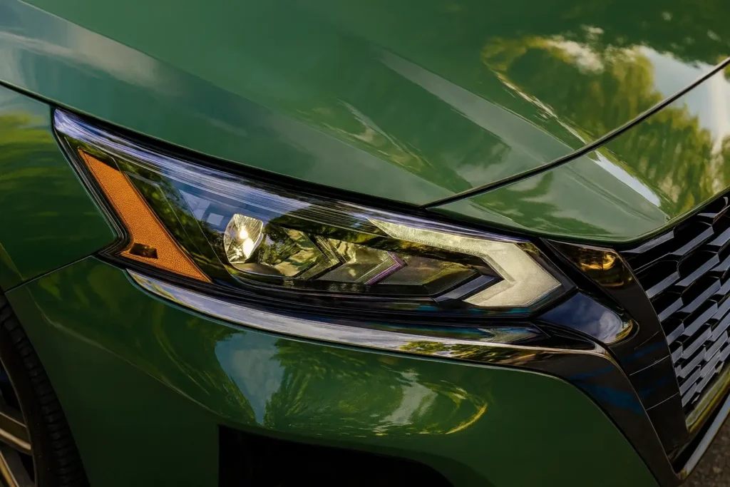 2025 Nissan Altima SR front three quarter close up outdoors LED headlights with arrow shaped DRL metallic green paint reflections