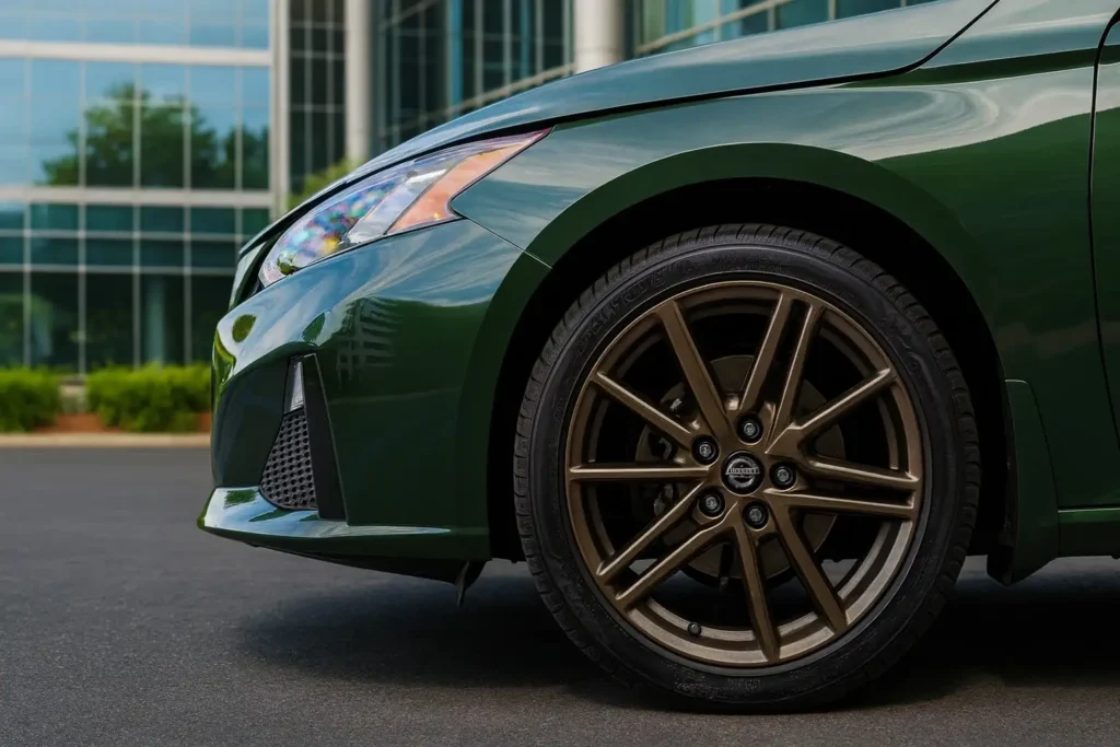 2025 Nissan Altima SR low angle front quarter outside office park bronze multi spoke alloy wheel highlighting sporty stance 2025 Nissan Altima SR low angle front quarter outside office park bronze multi spoke alloy wheel highlighting sporty stance