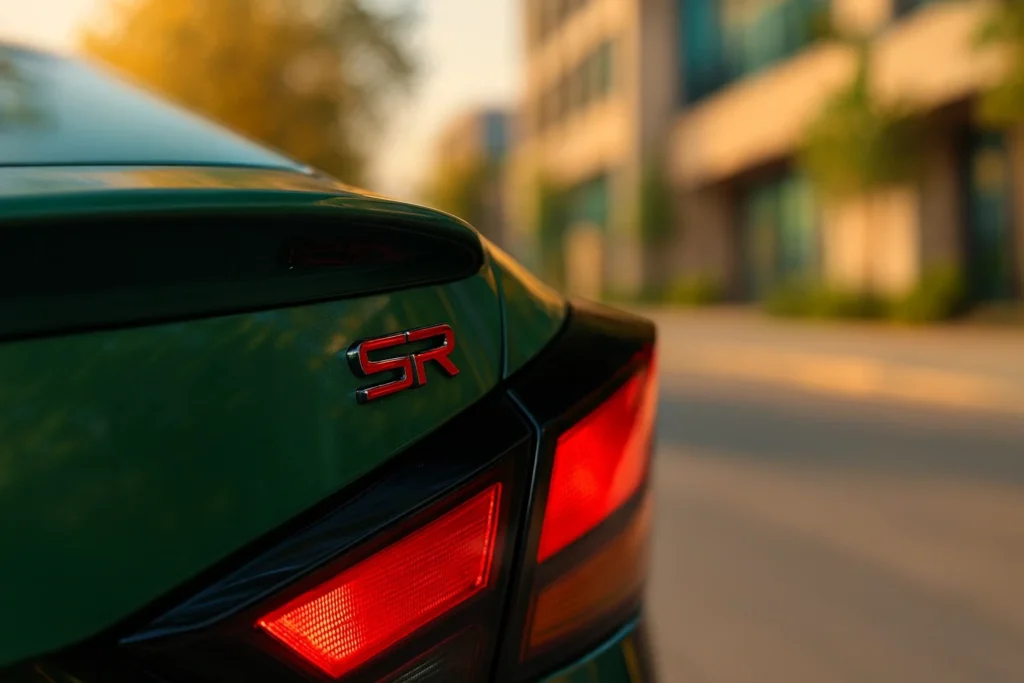 2025 Nissan Altima SR rear close up on urban street at golden hour red SR badge beside angular LED taillight 2025 Nissan Altima SR rear close up on urban street at golden hour red SR badge beside angular LED taillight