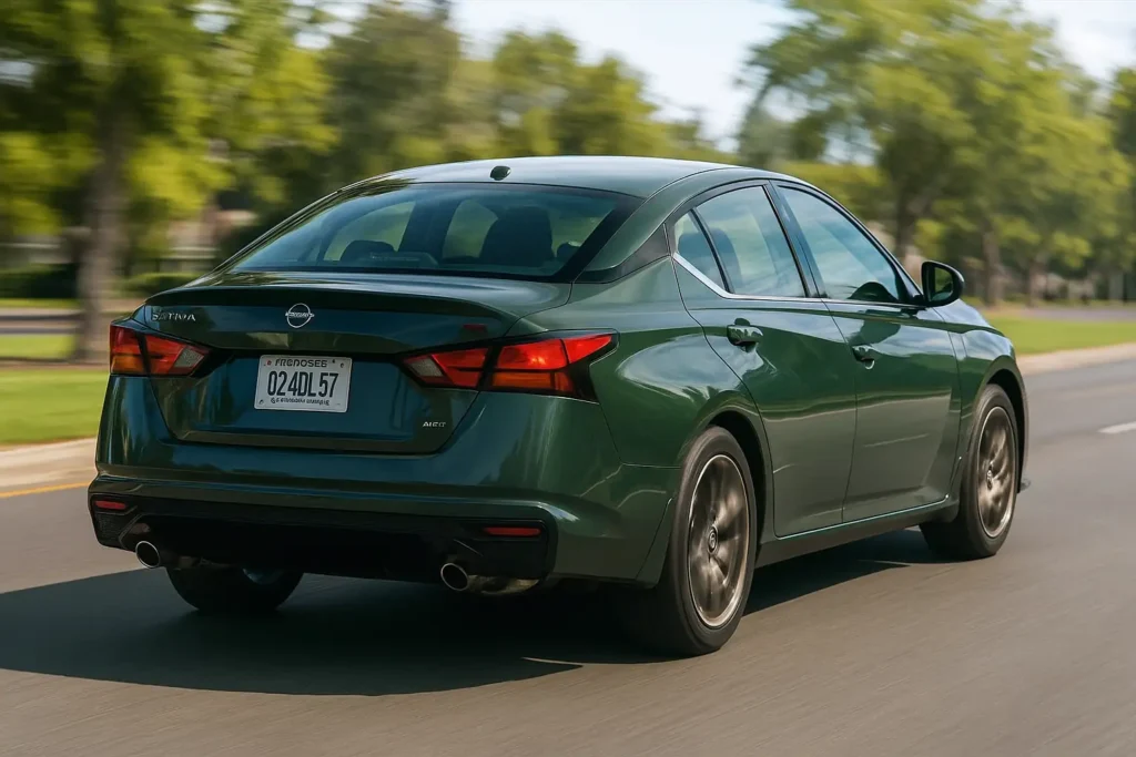 2025 Nissan Altima SR rear three quarter rolling shot on tree lined road dual exhaust and LED taillights emphasized 2025 Nissan Altima SR rear three quarter rolling shot on tree lined road dual exhaust and LED taillights emphasized