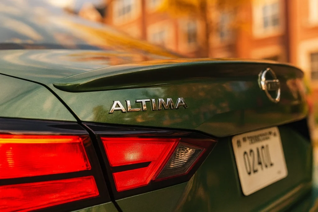 2025 Nissan Altima SR rear view at sunset in neighborhood midsize sedan chrome ALTIMA badge above sculpted taillight 2025 Nissan Altima SR rear view at sunset in neighborhood midsize sedan chrome ALTIMA badge above sculpted taillight