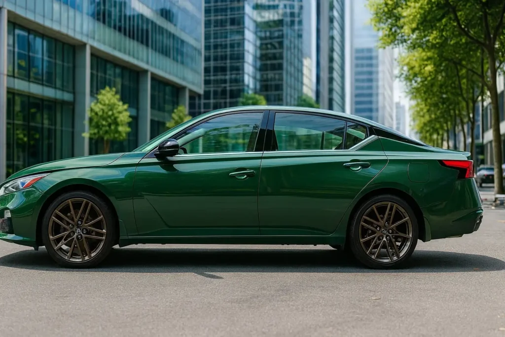 2025 Nissan Altima SR side profile in modern downtown sleek sedan lines with dark alloy wheels and sloping roofline 2025 Nissan Altima SR side profile in modern downtown sleek sedan lines with dark alloy wheels and sloping roofline