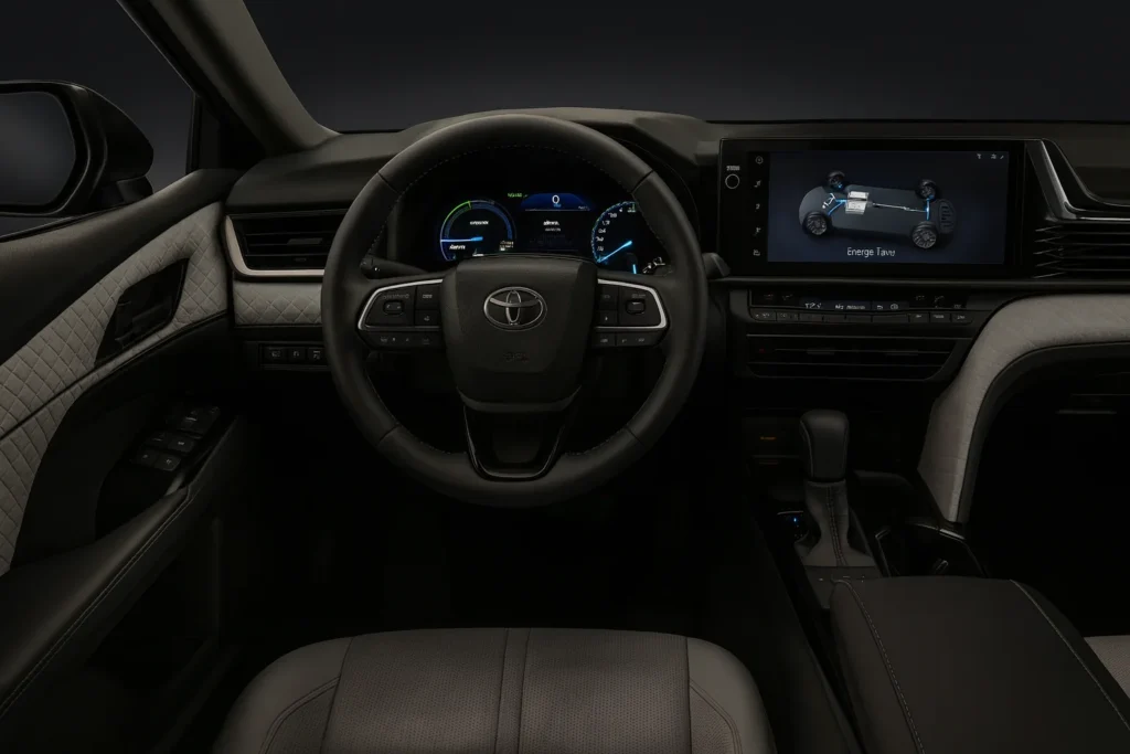 2025 Toyota Camry hybrid interior showing steering wheel energy flow display digital gauge cluster and stitched leather dashboard in soft lighting 2025 Toyota Camry hybrid interior showing steering wheel energy flow display digital gauge cluster and stitched leather dashboard in soft lighting