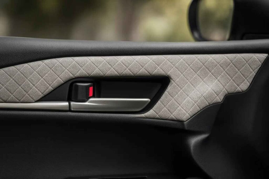 2025 Toyota Camry interior door panel detail showing quilted fabric insert satin handle upscale materials enhancing quiet comfortable cabin 2025 Toyota Camry interior door panel detail showing quilted fabric insert satin handle upscale materials enhancing quiet comfortable cabin