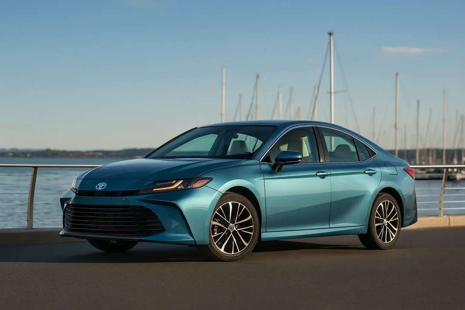 2025 Toyota Camry metallic blue sports sedan, front three-quarter view near marina, alloy wheels and daytime running lights.