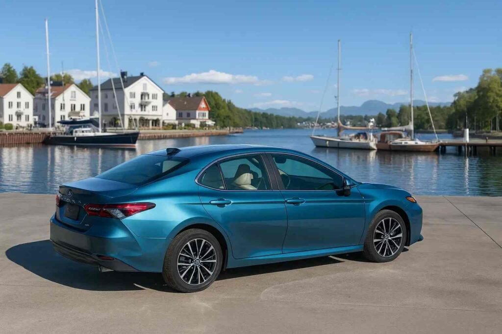 2025 Toyota Camry sedan rear three quarter angle beside docks sculpted taillights subtle spoiler clean lines practical family appeal 2025 Toyota Camry sedan rear three quarter angle beside docks sculpted taillights subtle spoiler clean lines practical family appeal