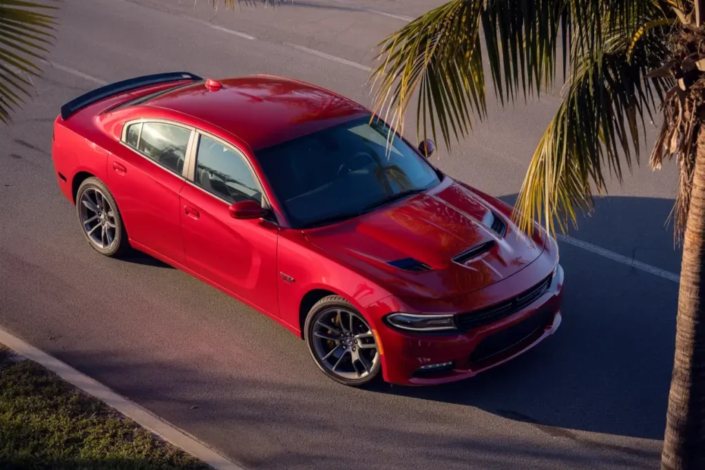 Aerial view of 2016 Dodge Charger RT in TorRed parked under palm trees showing sculpted hood lines and sporty roofline design Aerial view of 2016 Dodge Charger RT in TorRed parked under palm trees showing sculpted hood lines and sporty roofline design