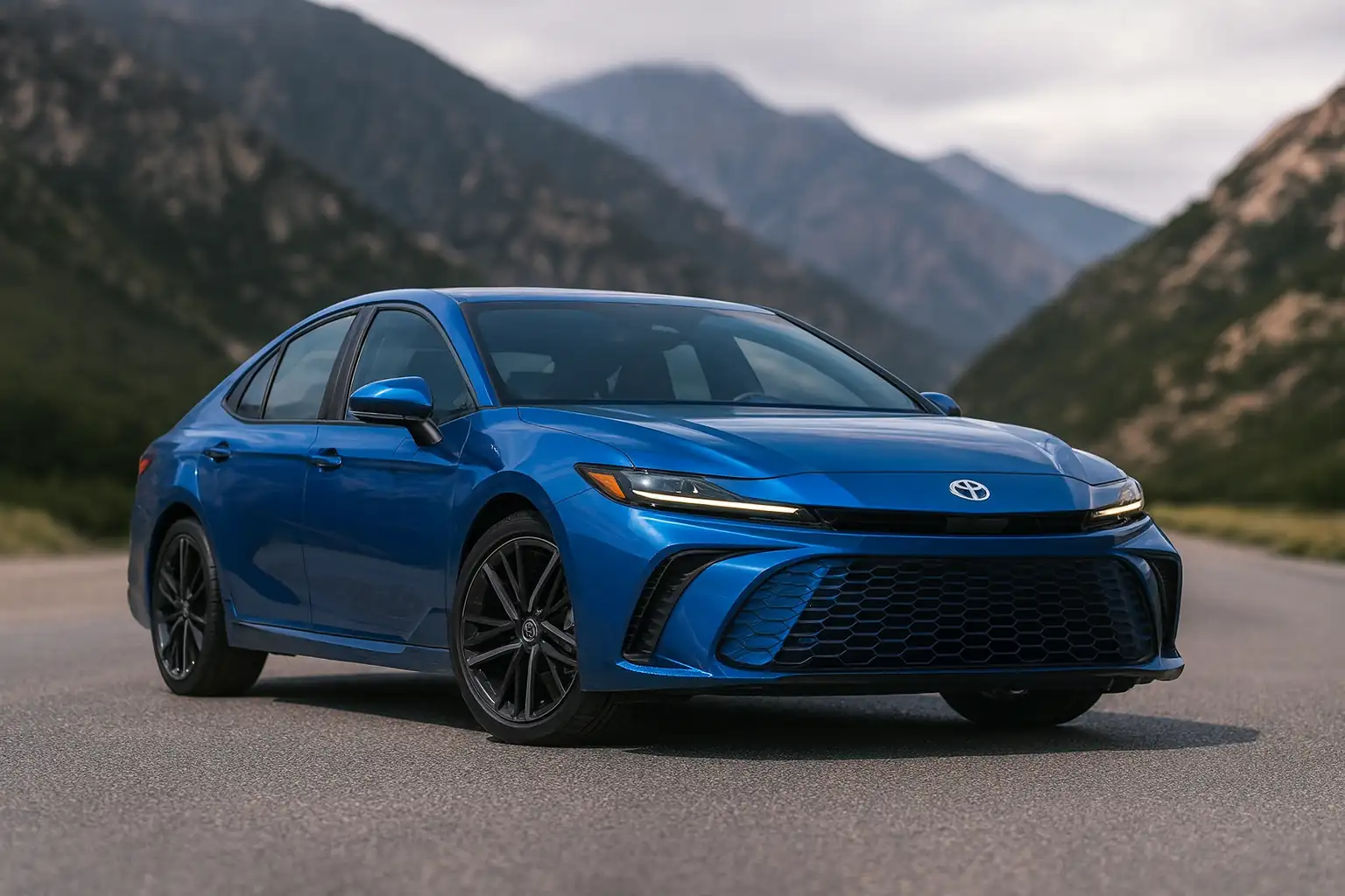 blue 2025 toyota camry sports sedan parked on mountain road with led headlights, black alloy wheels, and bold front grille.