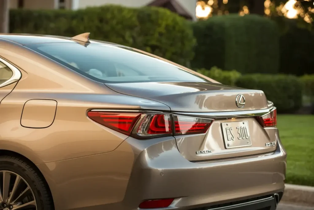 Close rear side view of Lexus ES 350 luxury sedan showing chrome Lexus badge sculpted trunk line and distinctive LED taillights Close rear side view of Lexus ES 350 luxury sedan showing chrome Lexus badge sculpted trunk line and distinctive LED taillights