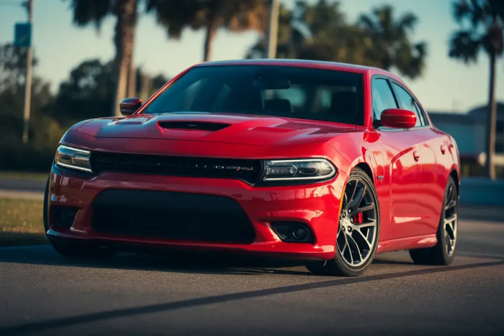 Close up front angle of 2016 Dodge Charger RT showing hood scoop black mesh grille and dark alloy wheels under warm evening light Close up front angle of 2016 Dodge Charger RT showing hood scoop black mesh grille and dark alloy wheels under warm evening light