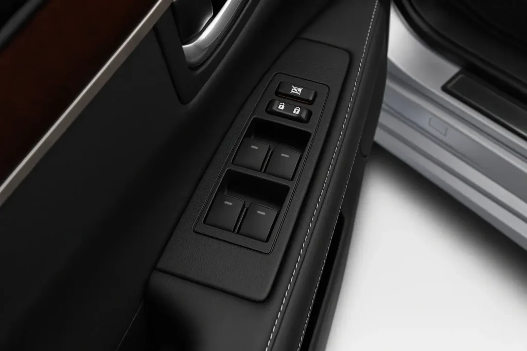 Close up of Lexus ES 350 interior driver side door controls showing power window switches lock buttons and fine leather stitching detail Close up of Lexus ES 350 interior driver side door controls showing power window switches lock buttons and fine leather stitching detail