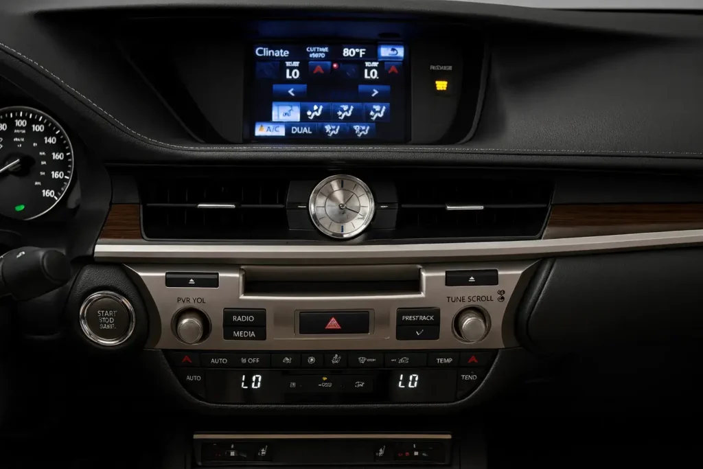 Dashboard of Lexus ES 350 featuring analog clock dual zone climate control infotainment screen and premium brushed aluminum accents Dashboard of Lexus ES 350 featuring analog clock dual zone climate control infotainment screen and premium brushed aluminum accents