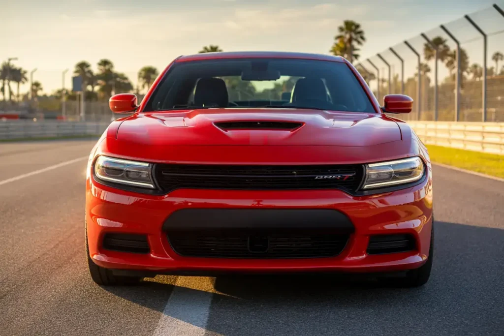 Front view of 2016 Dodge Charger RT on sunlit raceway with black grille hood vent and bold muscle car styling under golden hour lighting Front view of 2016 Dodge Charger RT on sunlit raceway with black grille hood vent and bold muscle car styling under golden hour lighting