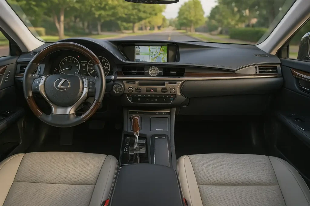 Full Lexus ES 350 interior dashboard view highlighting two tone leather seats wood trim steering wheel navigation display and center console Full Lexus ES 350 interior dashboard view highlighting two tone leather seats wood trim steering wheel navigation display and center console