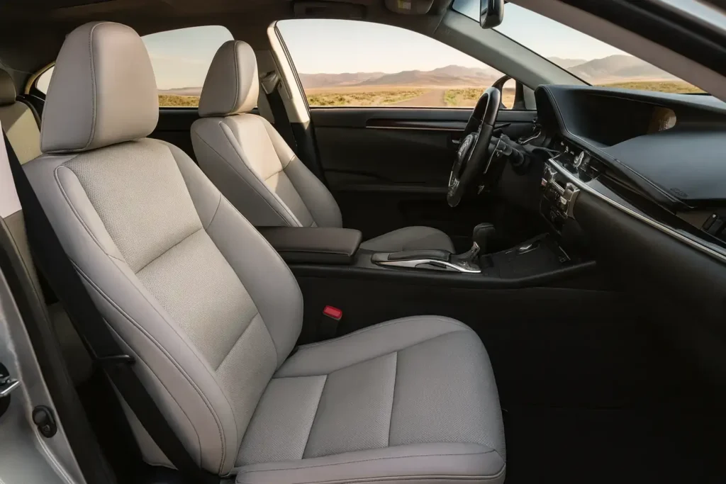 Interior cabin of Lexus ES 350 showing beige leather seats dashboard contours and panoramic desert landscape visible through windows Interior cabin of Lexus ES 350 showing beige leather seats dashboard contours and panoramic desert landscape visible through windows