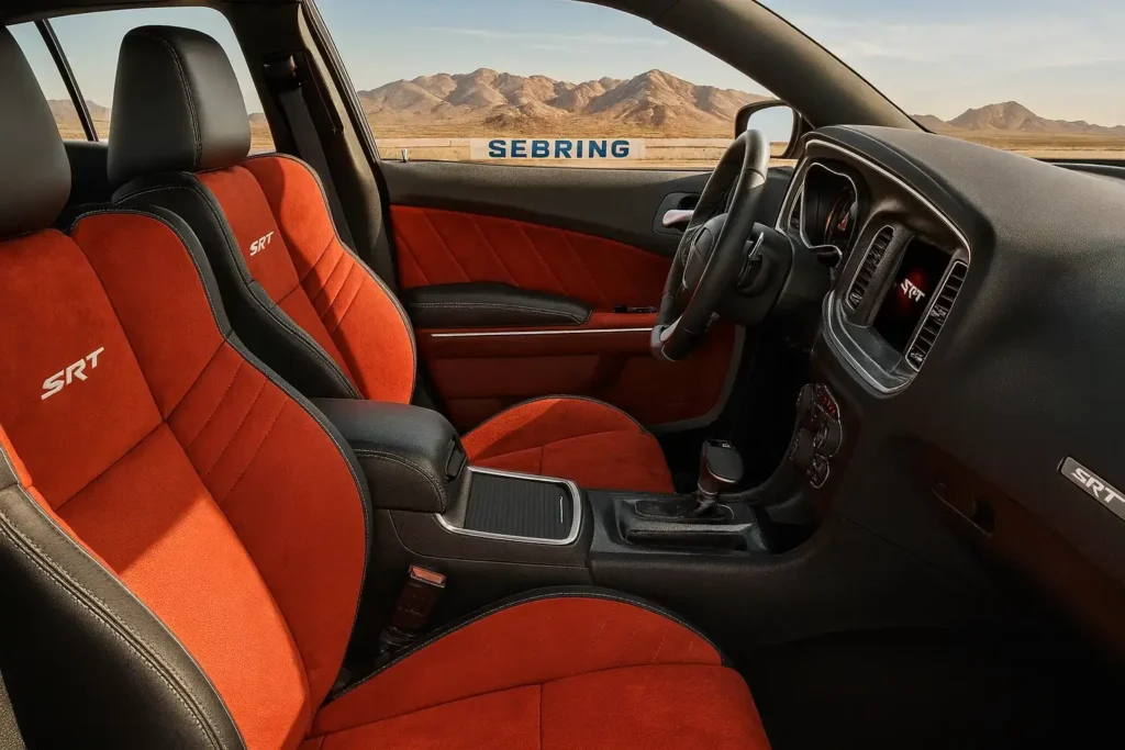 Interior view of 2016 Dodge Charger RT at Sebring Florida featuring red suede SRT sport seats black dashboard and desert backdrop Interior view of 2016 Dodge Charger RT at Sebring Florida featuring red suede SRT sport seats black dashboard and desert backdrop