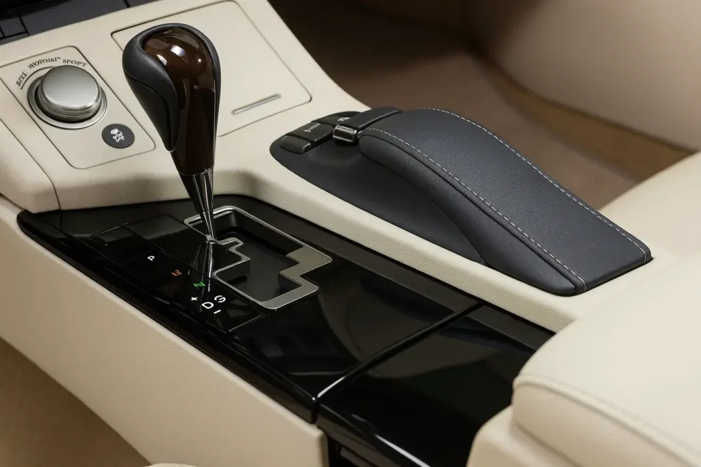Lexus ES 350 gear shifter and center console in beige interior highlighting wood grain trim and stitched leather armrest detailing Lexus ES 350 gear shifter and center console in beige interior highlighting wood grain trim and stitched leather armrest detailing