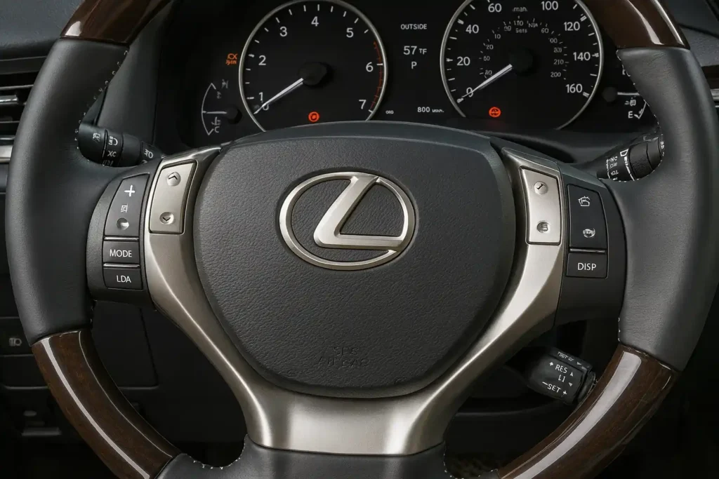 Lexus ES 350 steering wheel close up featuring wood trim accents mounted controls and illuminated analog instrument cluster in background Lexus ES 350 steering wheel close up featuring wood trim accents mounted controls and illuminated analog instrument cluster in background