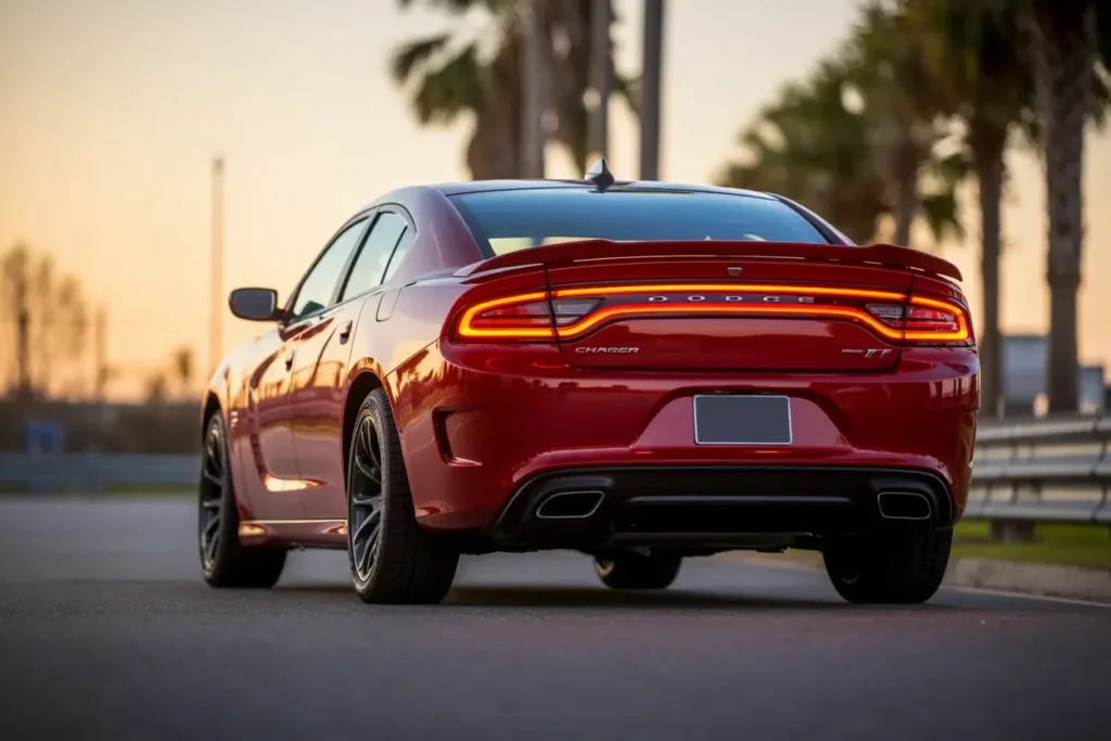Rear low angle shot of 2016 Dodge Charger RT emphasizing LED light bar black diffuser and wide rear stance on performance track Rear low angle shot of 2016 Dodge Charger RT emphasizing LED light bar black diffuser and wide rear stance on performance track