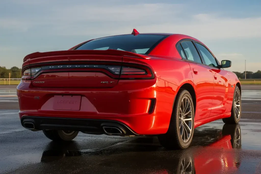Rear three quarter view of 2016 Dodge Charger RT in TorRed with illuminated LED taillight bar chrome dual exhausts and aerodynamic trunk spoile Rear three quarter view of 2016 Dodge Charger RT in TorRed with illuminated LED taillight bar chrome dual exhausts and aerodynamic trunk spoile